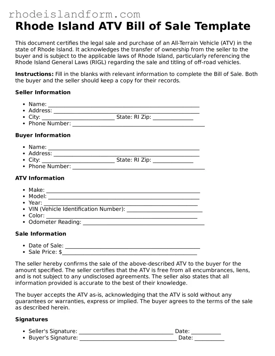 Attorney-Approved  ATV Bill of Sale Template for Rhode Island