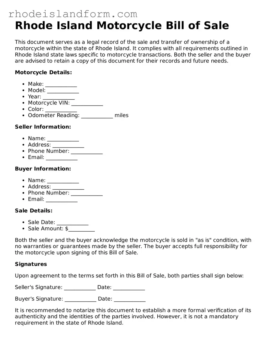 Attorney-Approved  Motorcycle Bill of Sale Template for Rhode Island