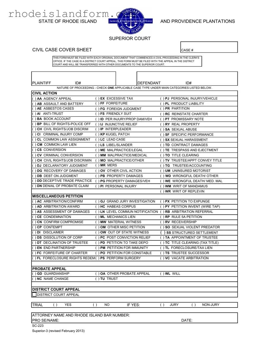 Fill Out a Valid Rhode Island Civil Case Cover Sheet Template