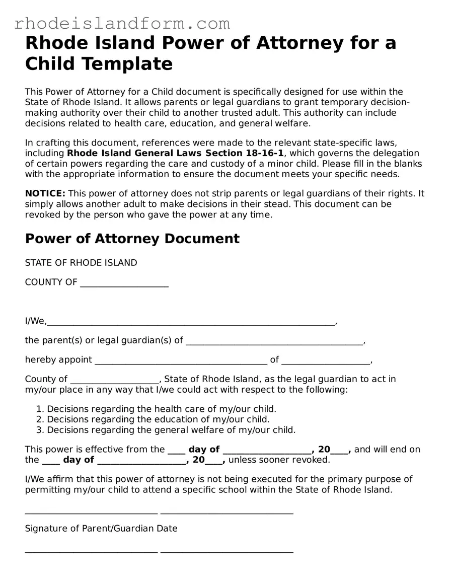 Attorney-Approved  Power of Attorney for a Child Template for Rhode Island